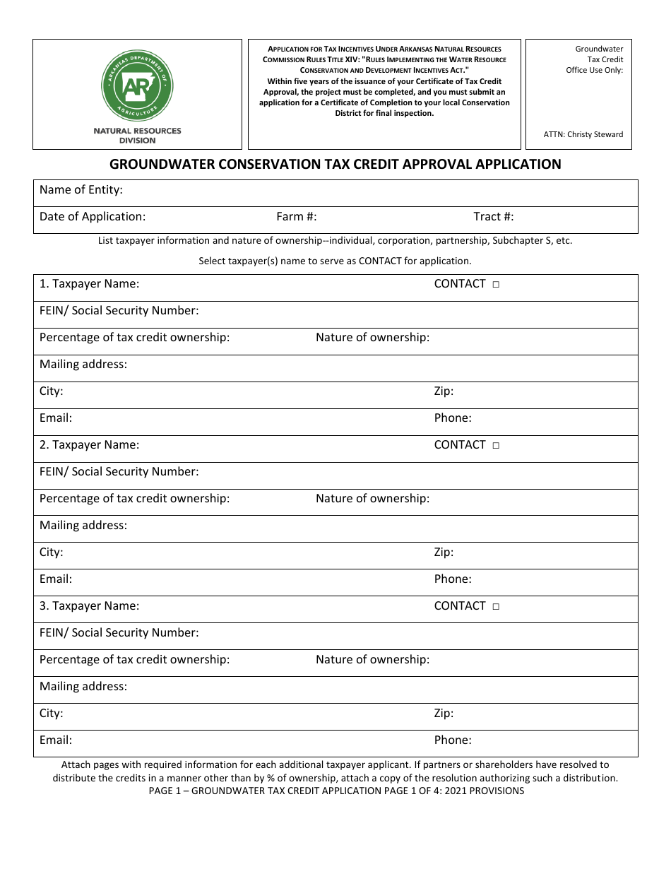 Groundwater Conservation Tax Credit Approval Application - Arkansas, Page 1