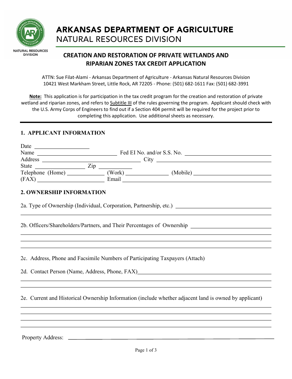 Creation and Restoration of Private Wetlands and Riparian Zones Tax Credit Application - Arkansas, Page 1