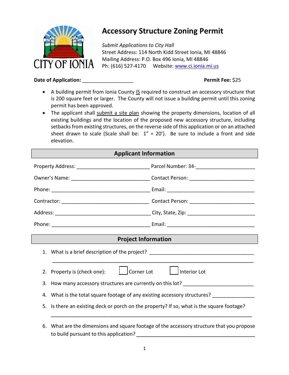 City of Ionia, Michigan Accessory Structure Zoning Permit Fill Out