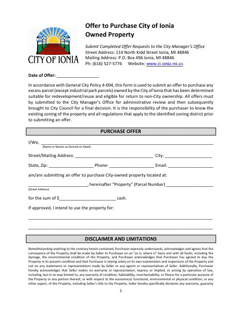 Offer to Purchase City of Ionia Owned Property - City of Ionia, Michigan Download Pdf