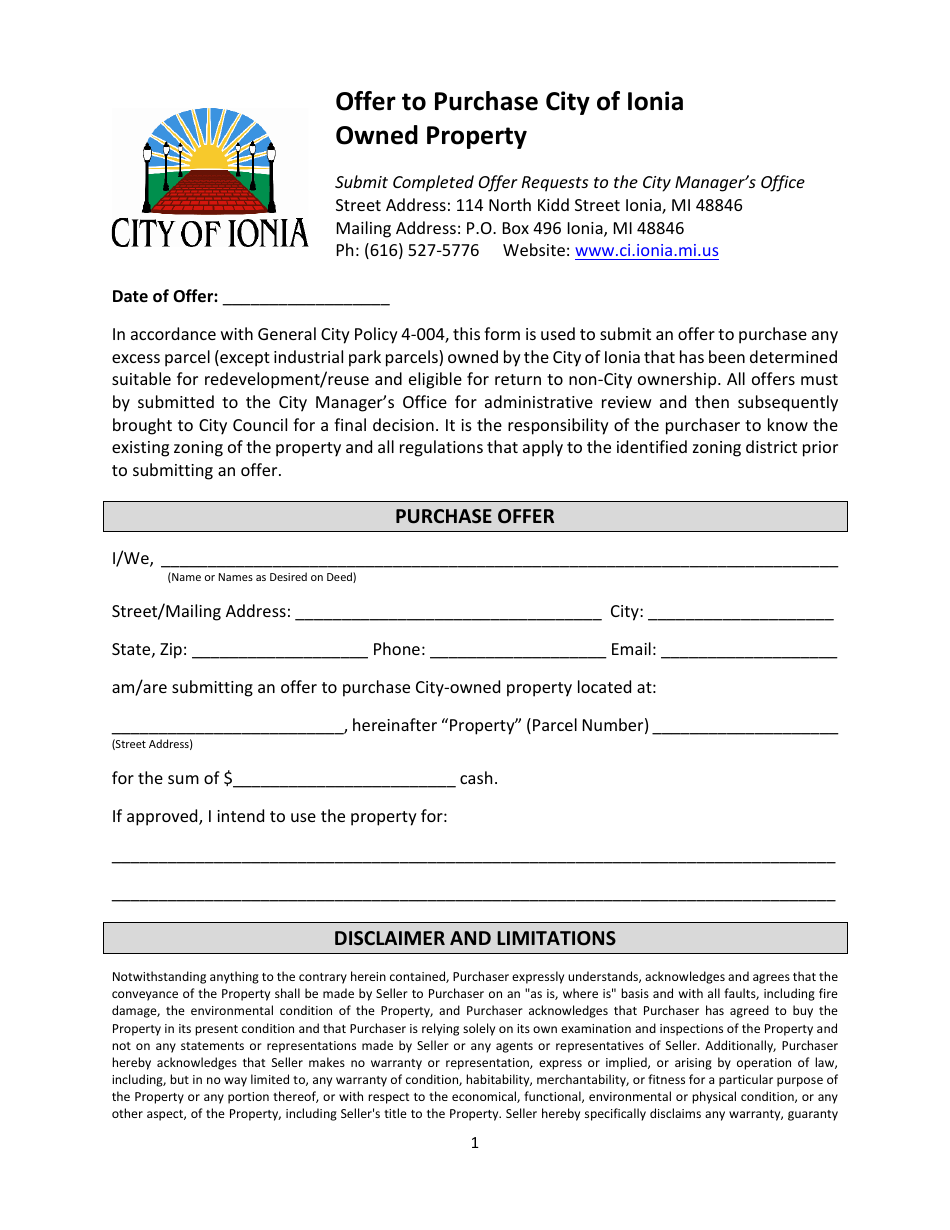 Offer to Purchase City of Ionia Owned Property - City of Ionia, Michigan, Page 1