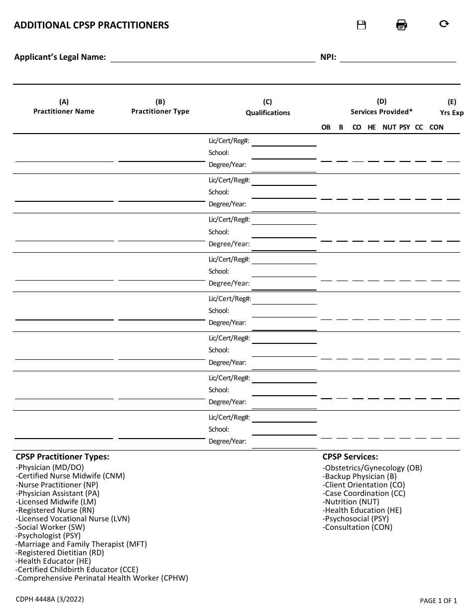 Form CDPH4448A Additional Cpsp Practitioners - California, Page 1