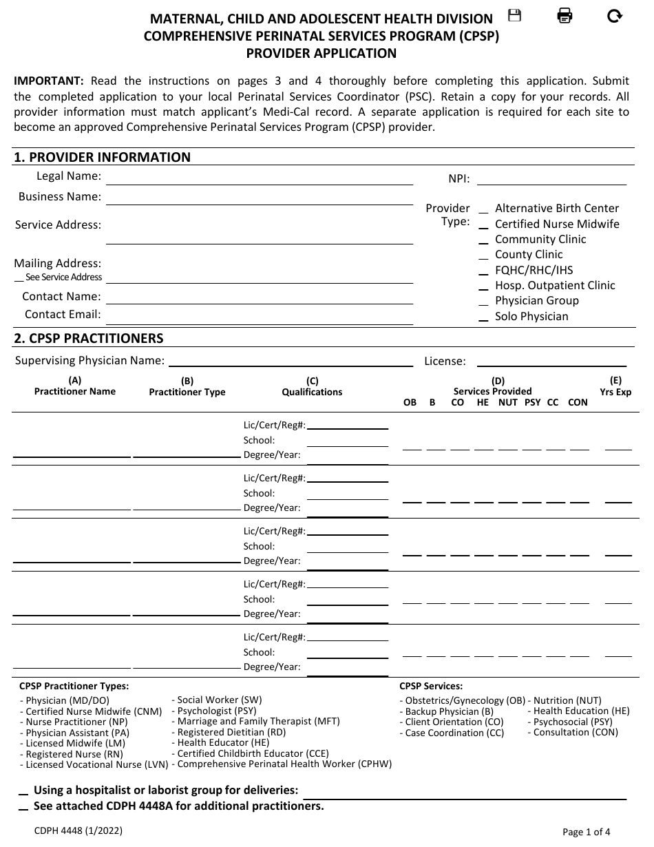 Form CDPH4448 Provider Application - Comprehensive Perinatal Services Program (Cpsp) - California, Page 1
