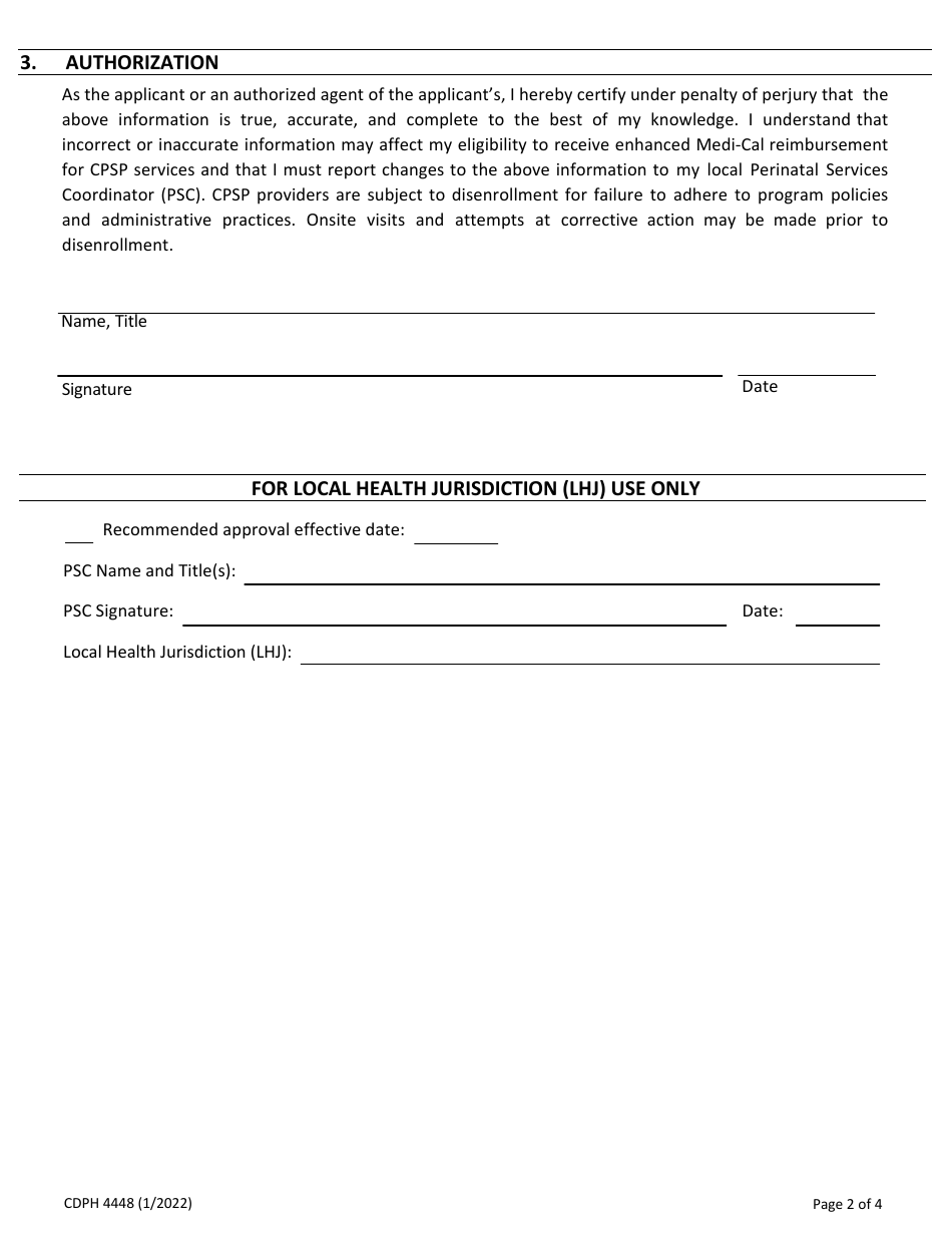 Form CDPH4448 Provider Application - Comprehensive Perinatal Services Program (Cpsp) - California, Page 2