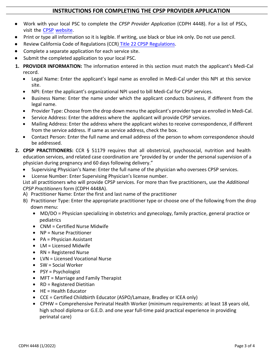 Form CDPH4448 Provider Application - Comprehensive Perinatal Services Program (Cpsp) - California, Page 3