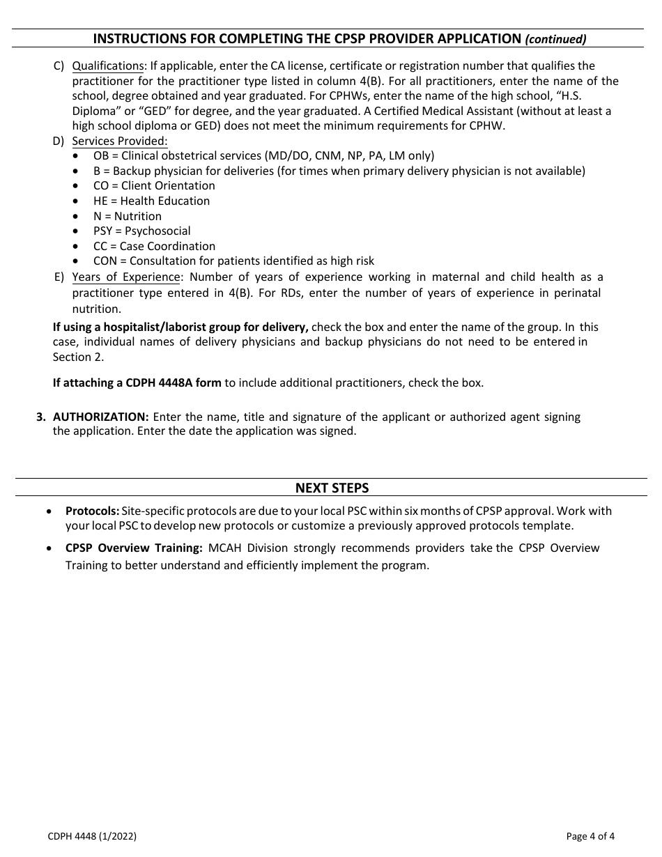 Form CDPH4448 Provider Application - Comprehensive Perinatal Services Program (Cpsp) - California, Page 4