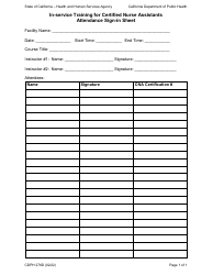 Document preview: Form CDPH278D In-Service Training for Certified Nurse Assistants Attendance Sign-In Sheet - California