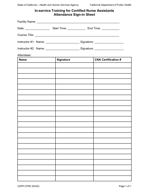 Form CDPH278D In-Service Training for Certified Nurse Assistants Attendance Sign-In Sheet - California