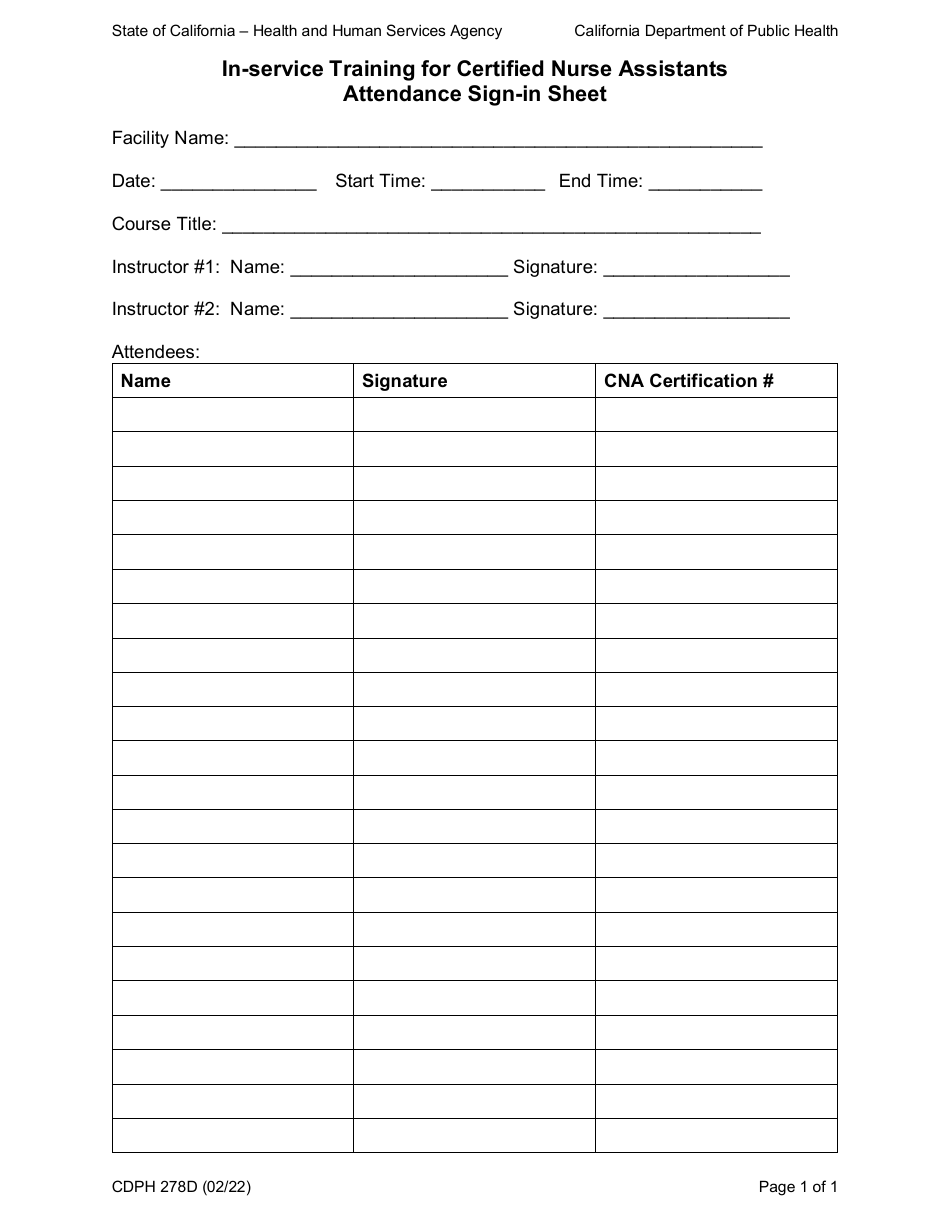 Form CDPH278D In-Service Training for Certified Nurse Assistants Attendance Sign-In Sheet - California, Page 1