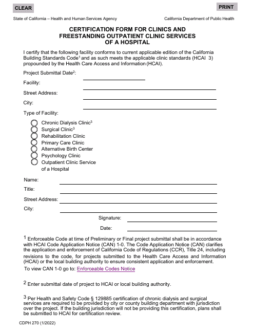Form CDPH270 Certification Form for Clinics and Freestanding Outpatient Clinic Services of a Hospital - California