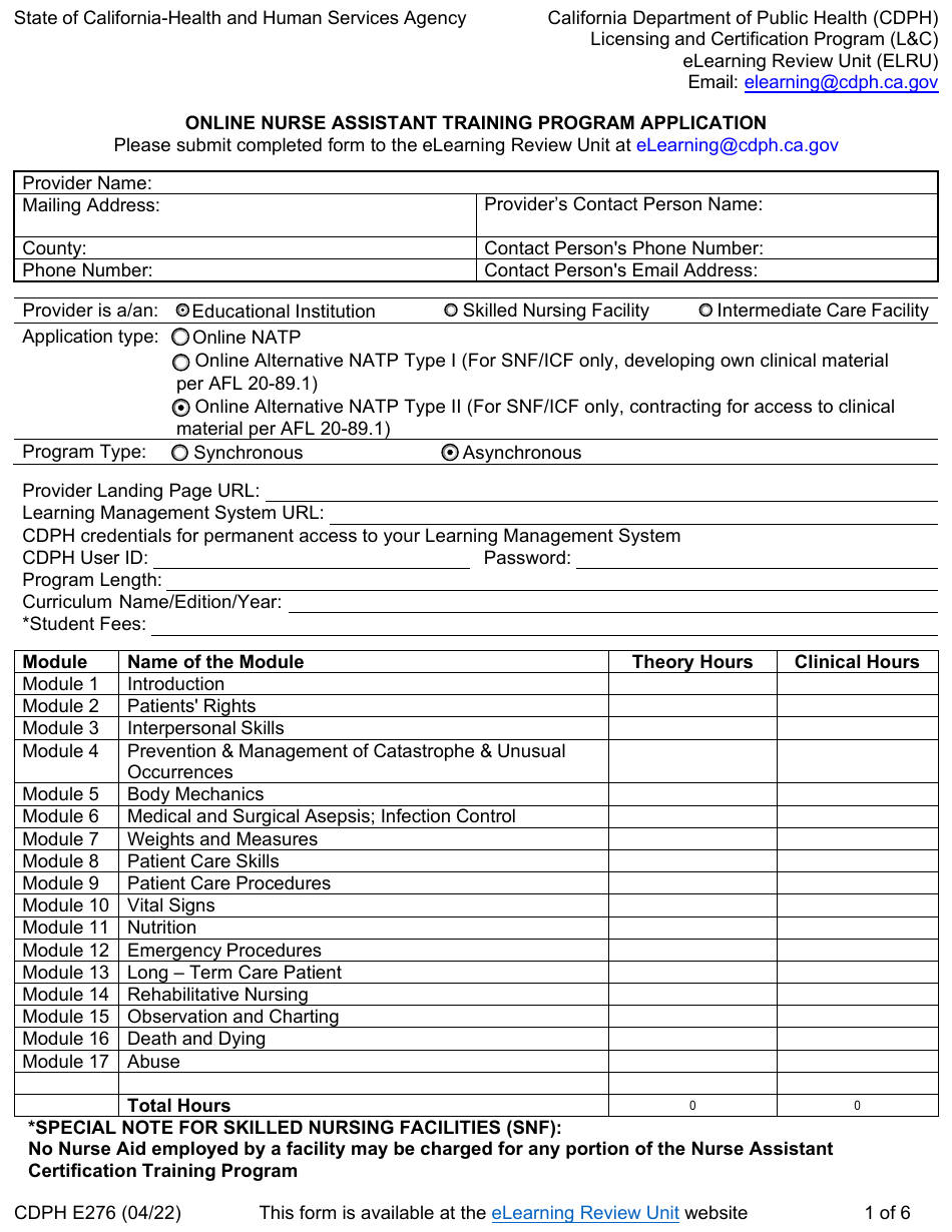 Form CDPH E276 Download Fillable PDF or Fill Online Online Nurse ...