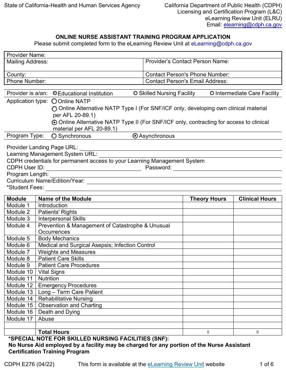Form CDPH E276 Online Nurse Assistant Training Program Application - California, Page 1