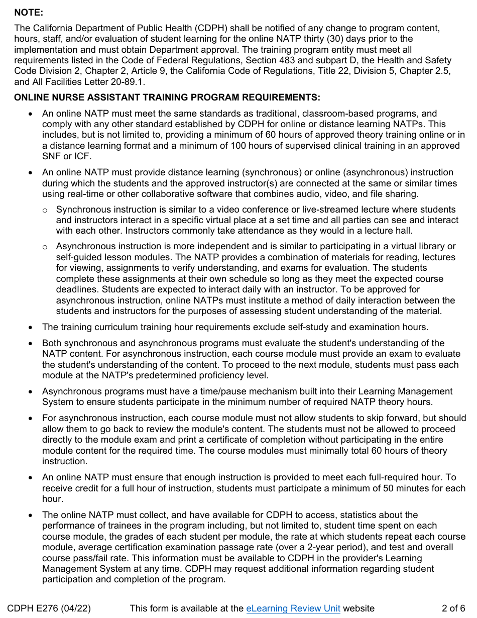Form CDPH E276 Online Nurse Assistant Training Program Application - California, Page 2