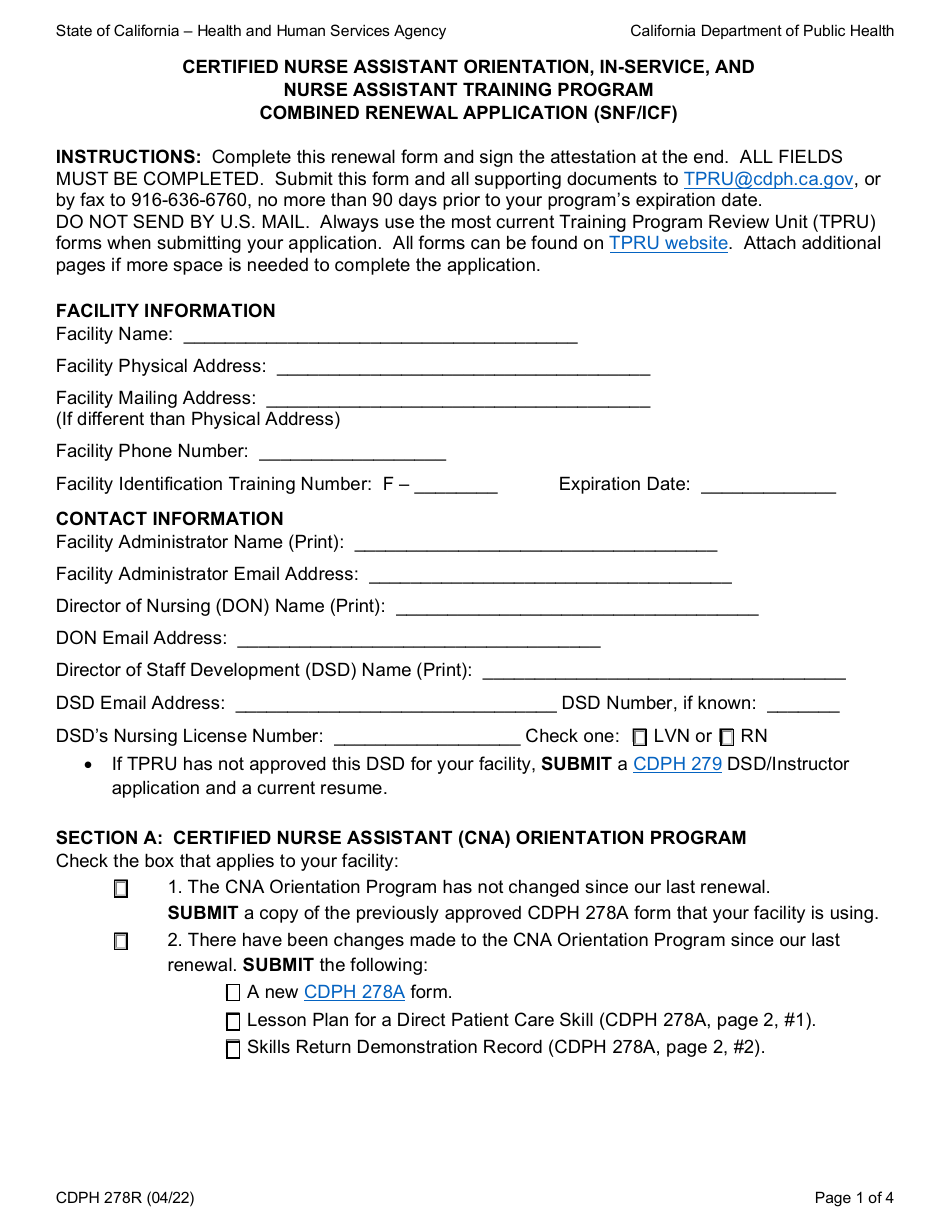 Form CDPH278R Certified Nurse Assistant Orientation, In-Service, and Nurse Assistant Training Program Combined Renewal Application (Snf / Icf) - California, Page 1