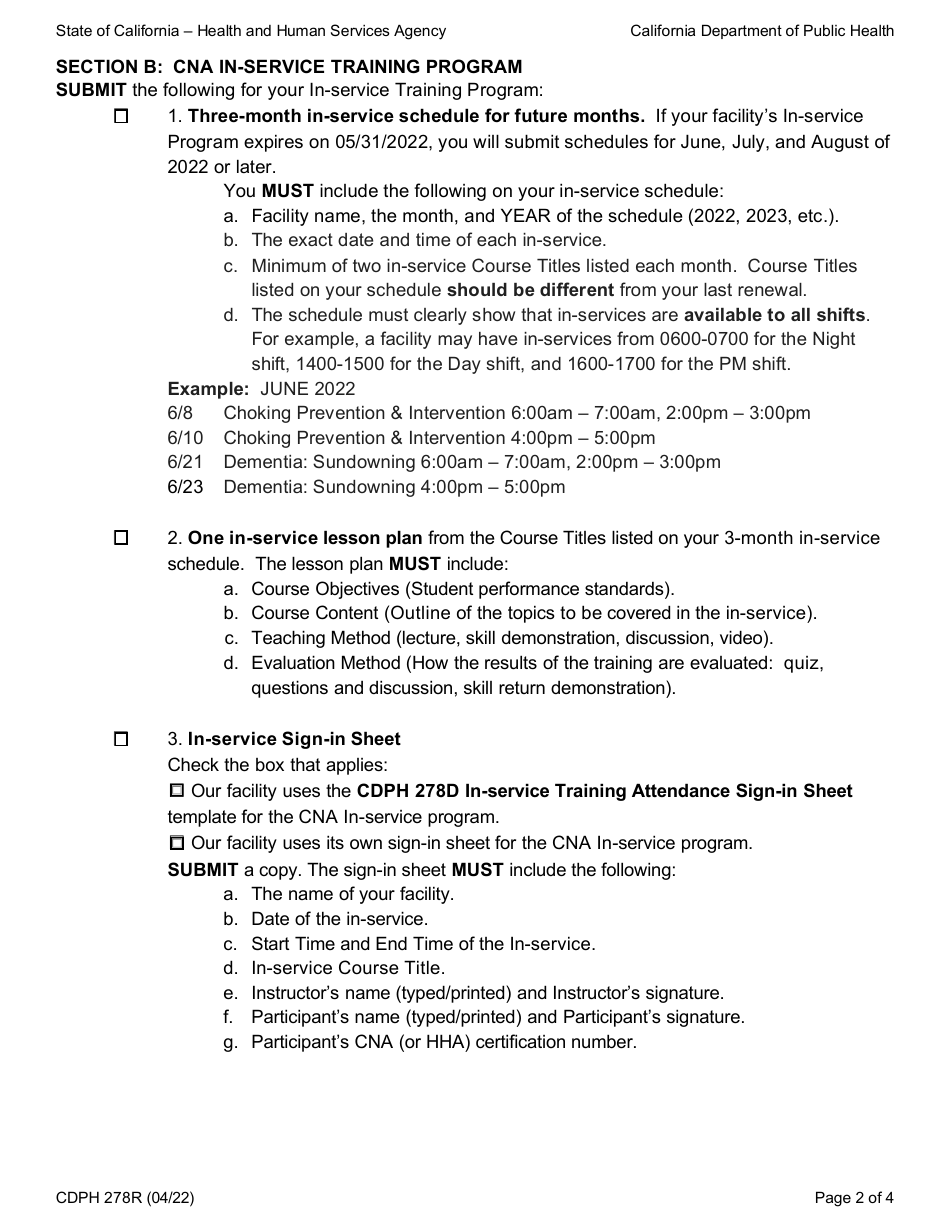 Form CDPH278R Certified Nurse Assistant Orientation, In-Service, and Nurse Assistant Training Program Combined Renewal Application (Snf / Icf) - California, Page 2
