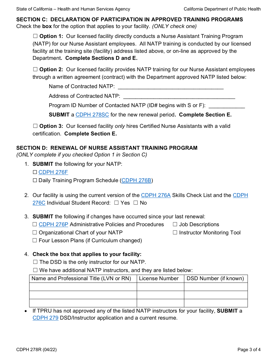 Form CDPH278R Certified Nurse Assistant Orientation, In-Service, and Nurse Assistant Training Program Combined Renewal Application (Snf / Icf) - California, Page 3