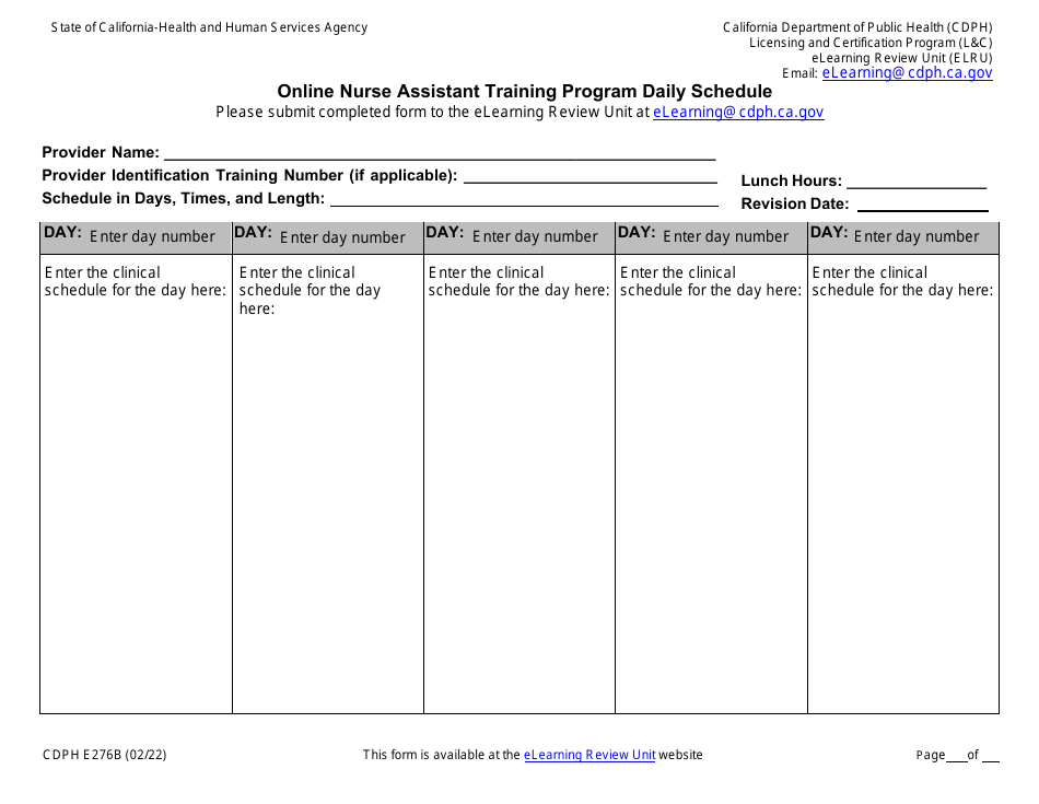 Form CDPH E276B Online Nurse Assistant Training Program Daily Schedule - California, Page 1