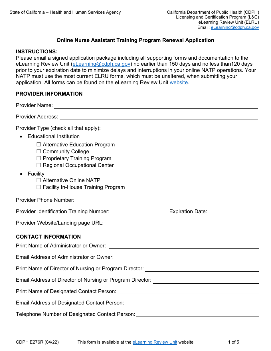 Form CDPH E276R Online Nurse Assistant Training Renewal Application - California, Page 1