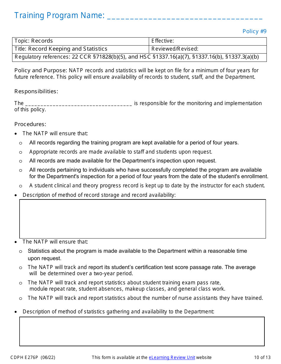 Form CDPH E276P Online Nurse Assistant Training Program Policies and Procedures - California, Page 10