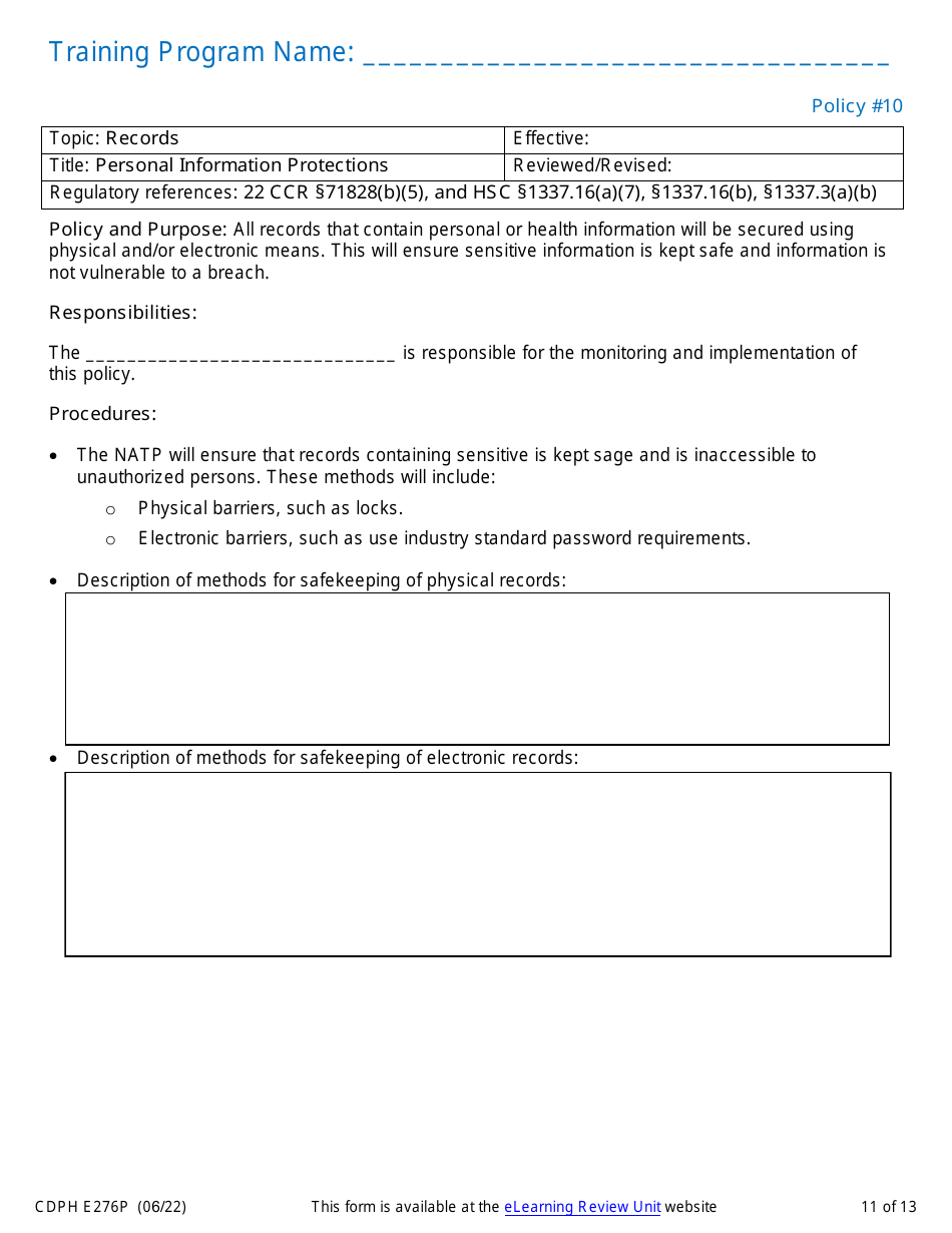Form CDPH E276P Online Nurse Assistant Training Program Policies and Procedures - California, Page 11