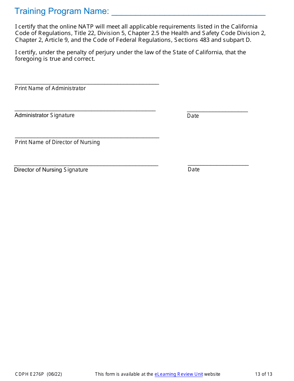 Form CDPH E276P Online Nurse Assistant Training Program Policies and Procedures - California, Page 13