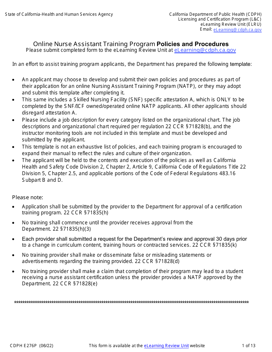 Form CDPH E276P Online Nurse Assistant Training Program Policies and Procedures - California, Page 1