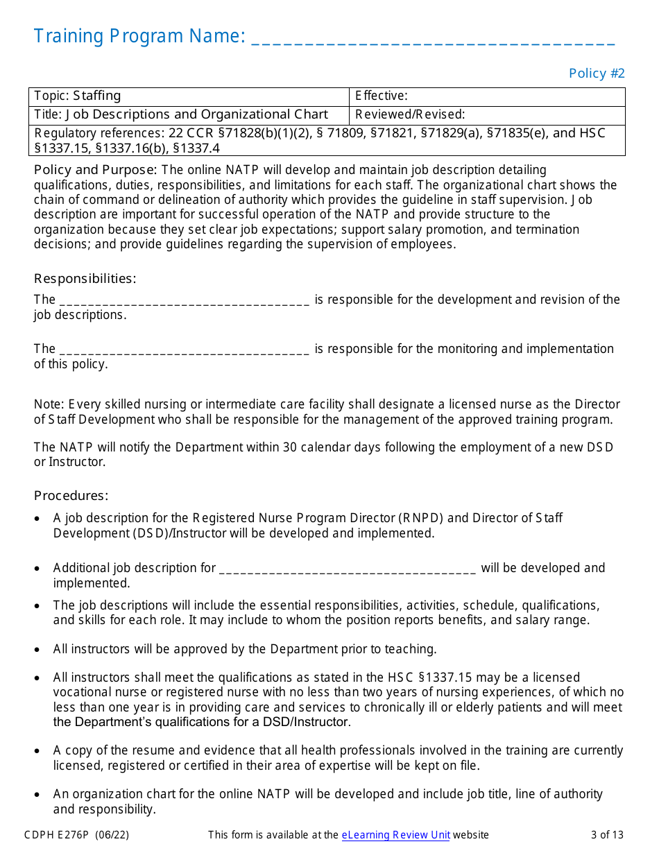 Form CDPH E276P Online Nurse Assistant Training Program Policies and Procedures - California, Page 3