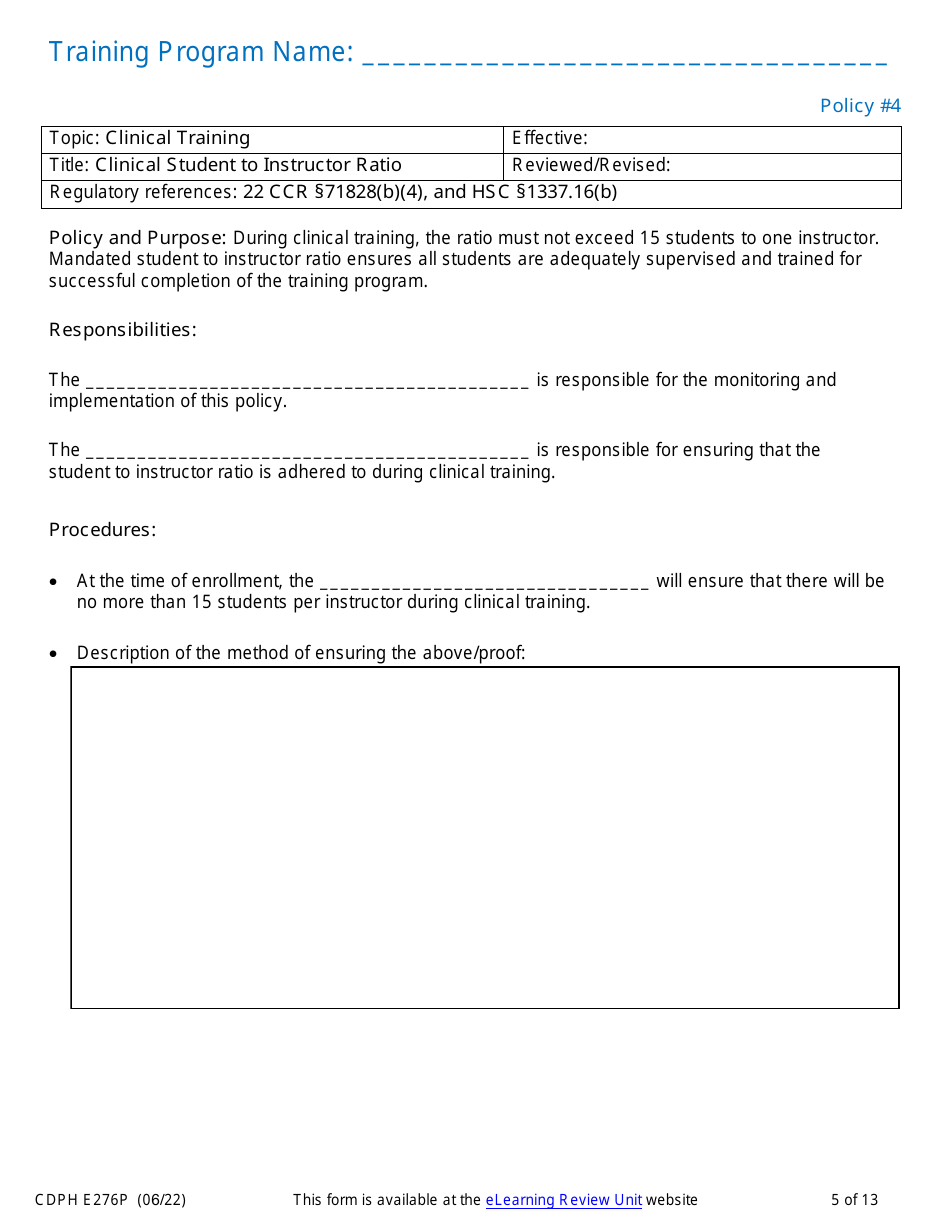 Form CDPH E276P Download Fillable PDF Or Fill Online Online Nurse ...