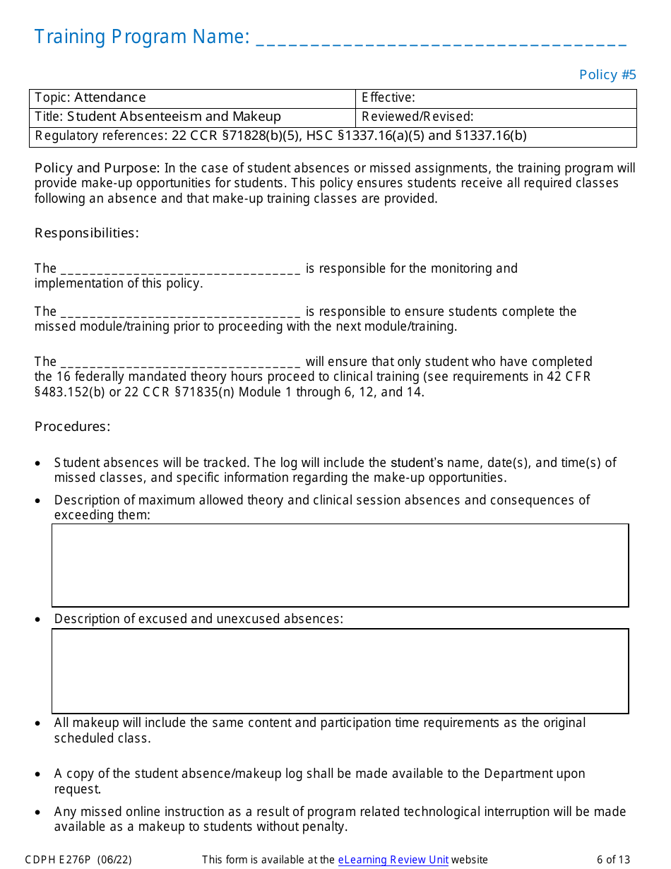 Form CDPH E276P Online Nurse Assistant Training Program Policies and Procedures - California, Page 6