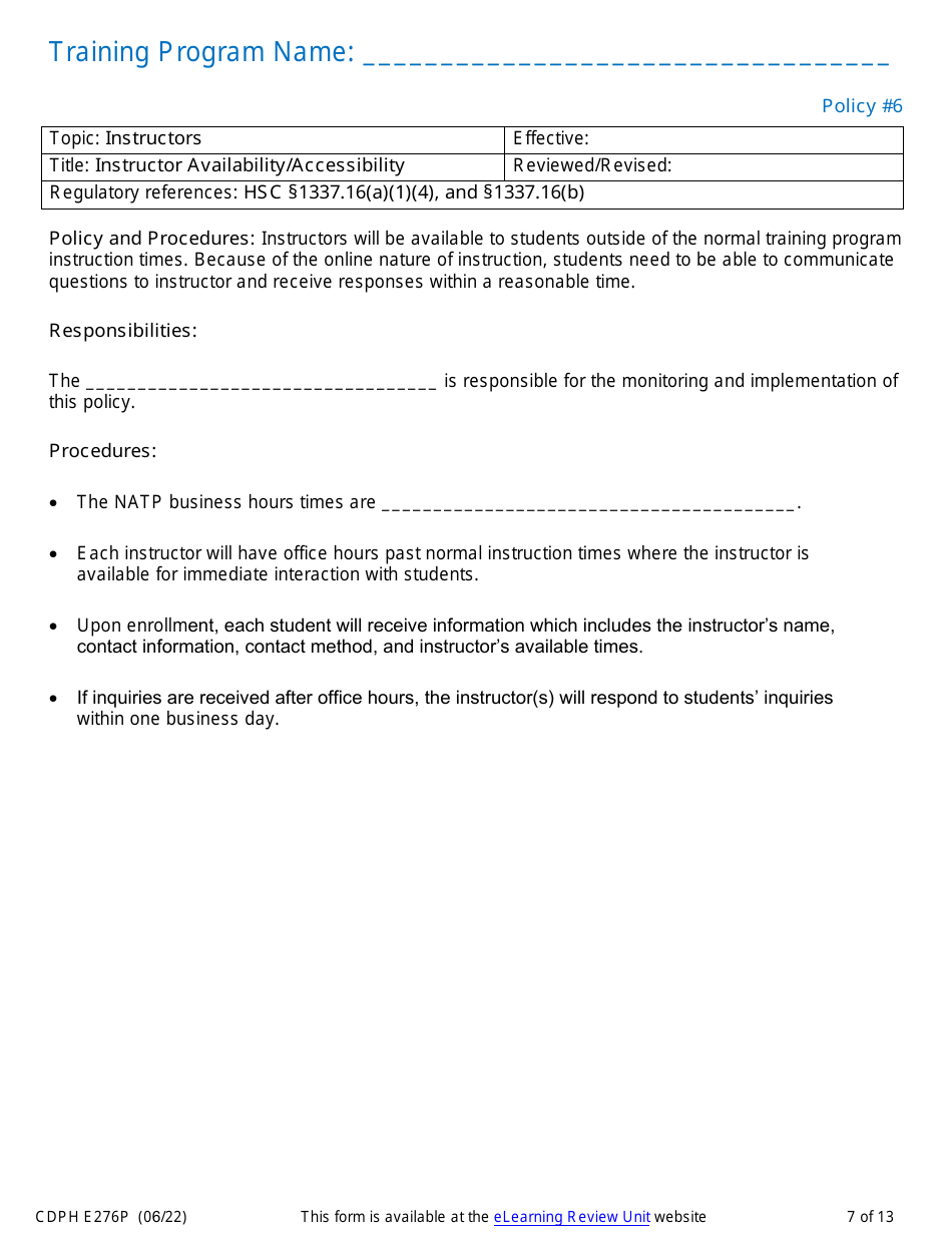 Form CDPH E276P Online Nurse Assistant Training Program Policies and Procedures - California, Page 7