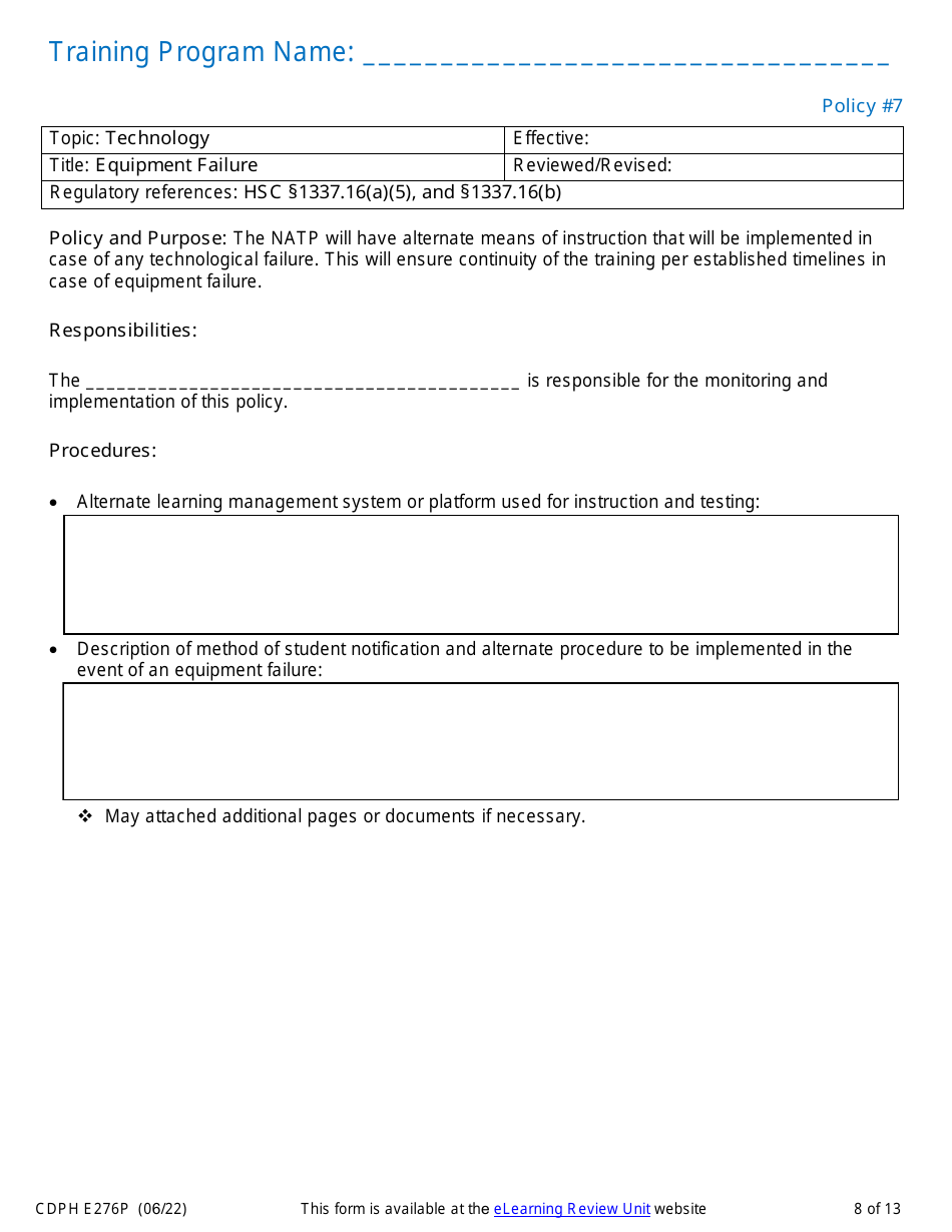 Form CDPH E276P Online Nurse Assistant Training Program Policies and Procedures - California, Page 8