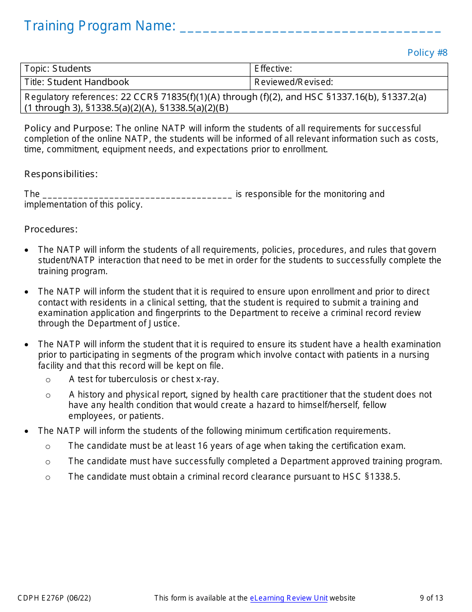 Form CDPH E276P Online Nurse Assistant Training Program Policies and Procedures - California, Page 9