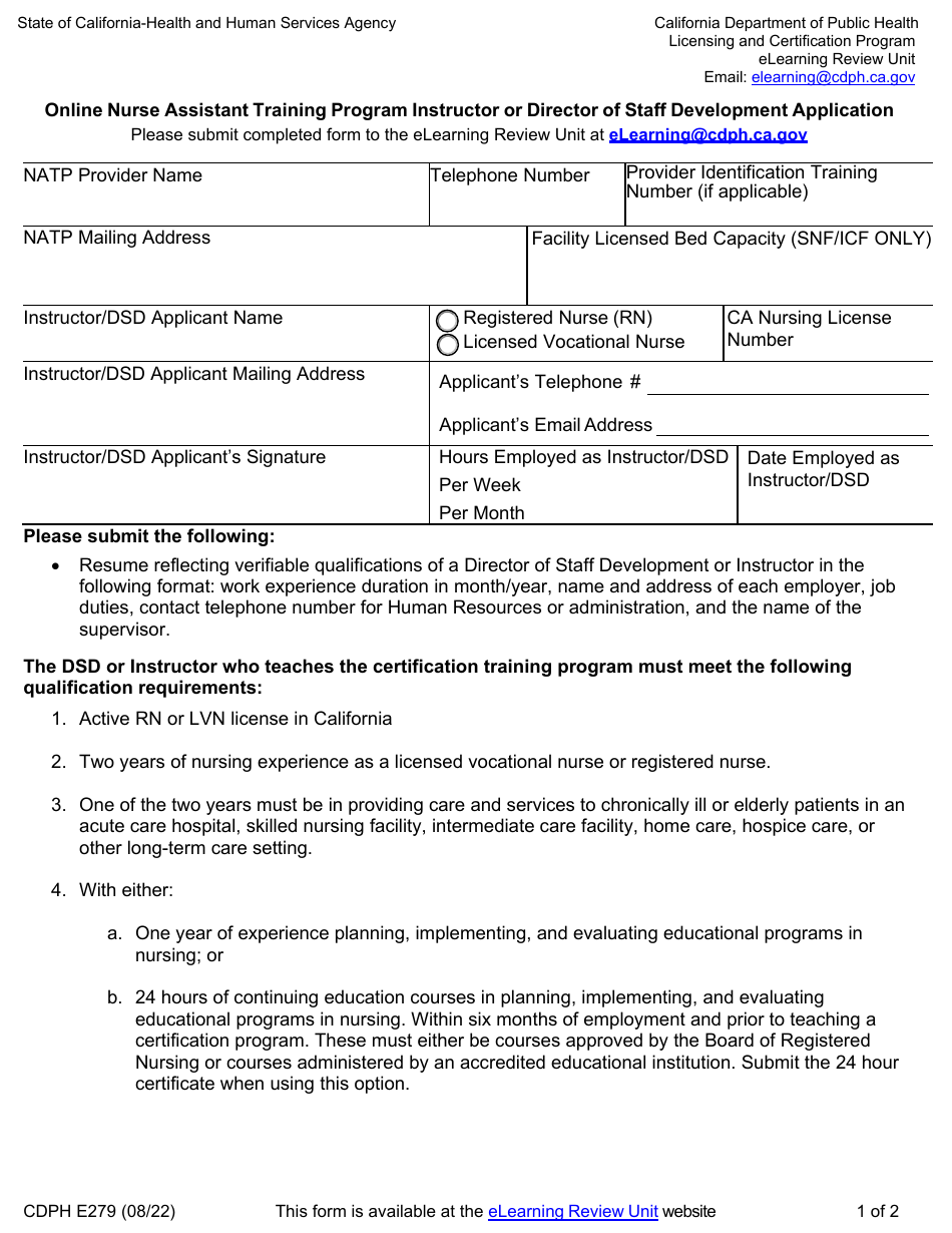 Form CDPH E279 Online Nurse Assistant Training Program Instructor or Director of Staff Development Application - California, Page 1
