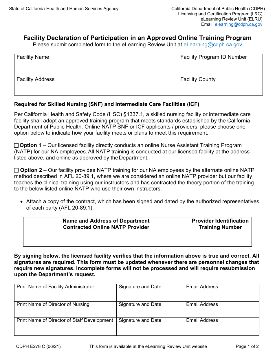 Form CDPH E278 C Facility Declaration of Participation in an Approved Online Training Program - California, Page 1