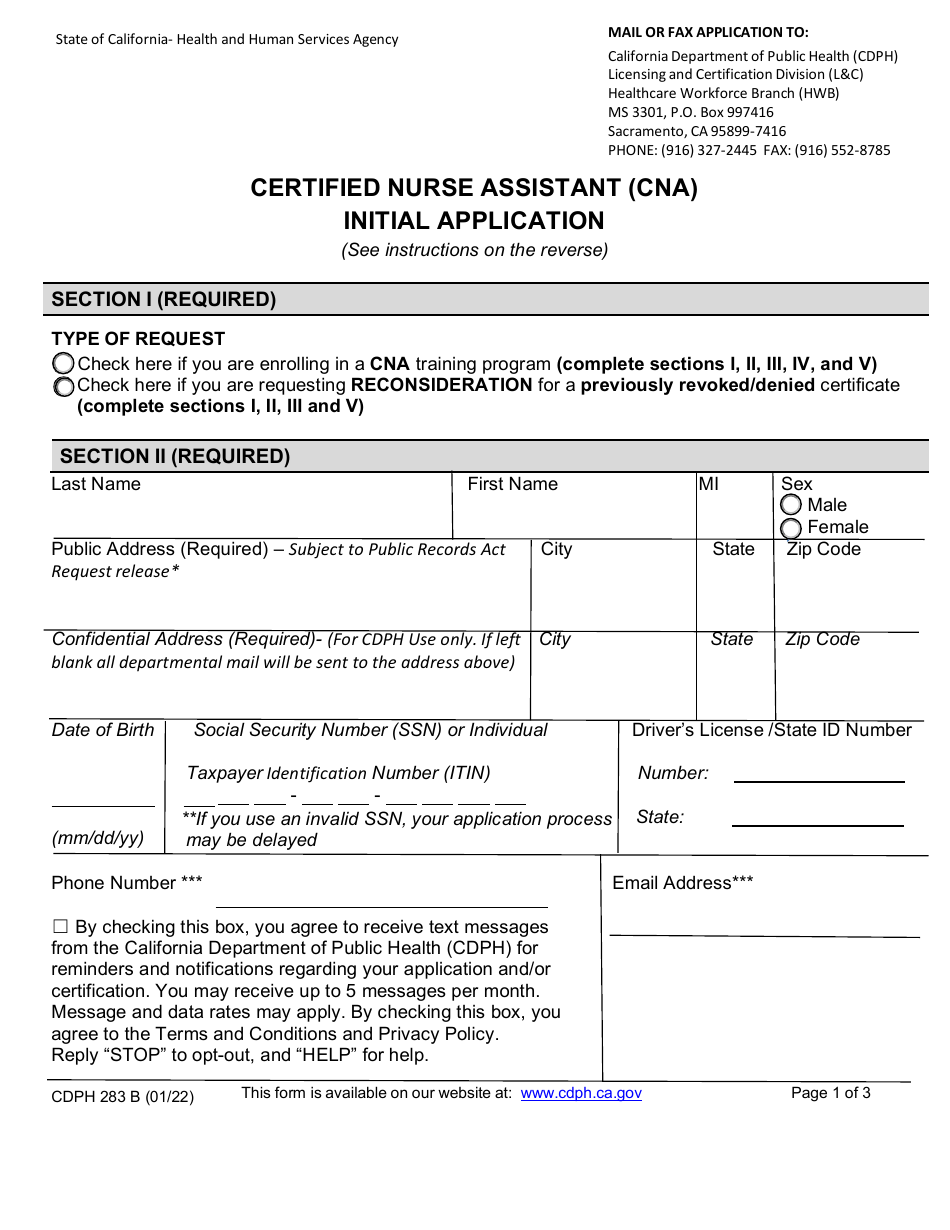 Form CDPH283 B Certified Nurse Assistant (Cna) Initial Application - California, Page 1