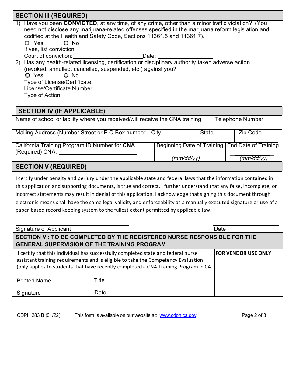 Form CDPH283 B Download Fillable PDF Or Fill Online Certified Nurse ...