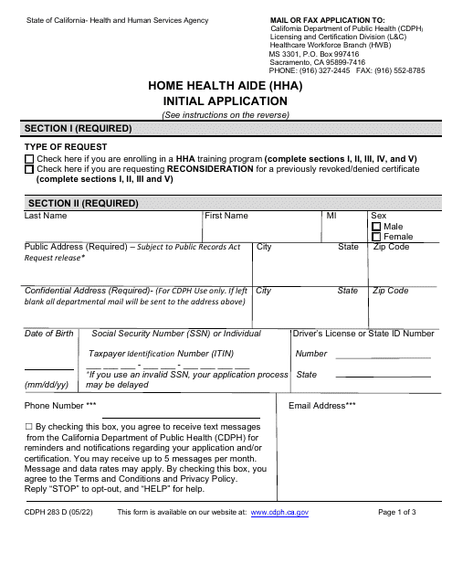 Form CDPH283 D Home Health Aide (Hha) Initial Application - California