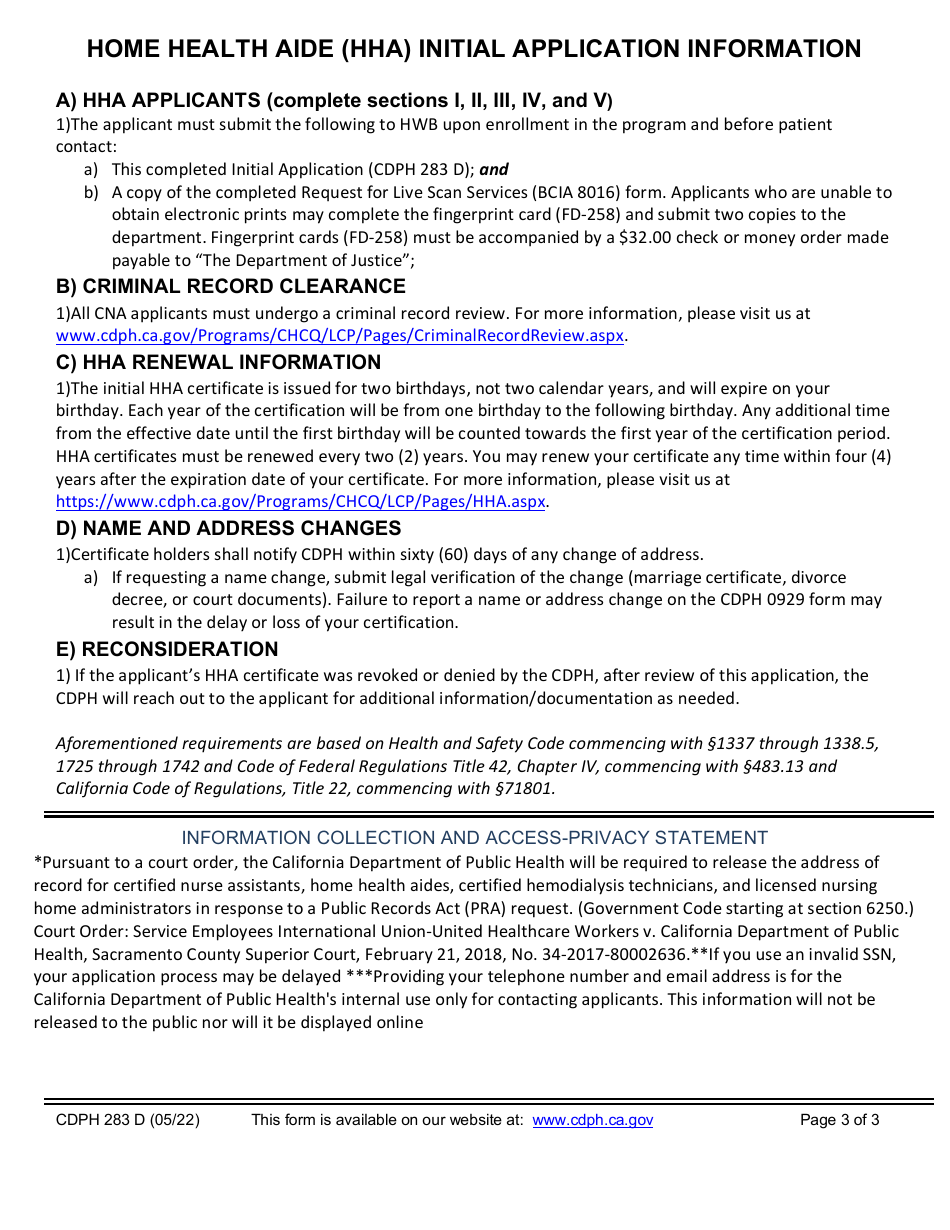 Form CDPH283 D Home Health Aide (Hha) Initial Application - California, Page 3