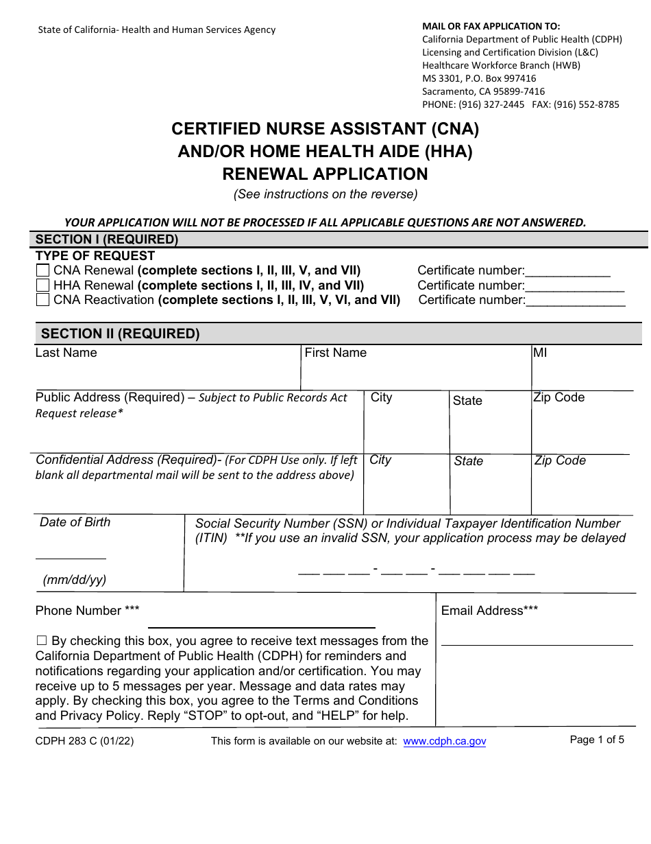 Form CDPH283 C Certified Nurse Assistant (Cna) and / or Home Health Aide (Hha) Renewal Application - California, Page 1