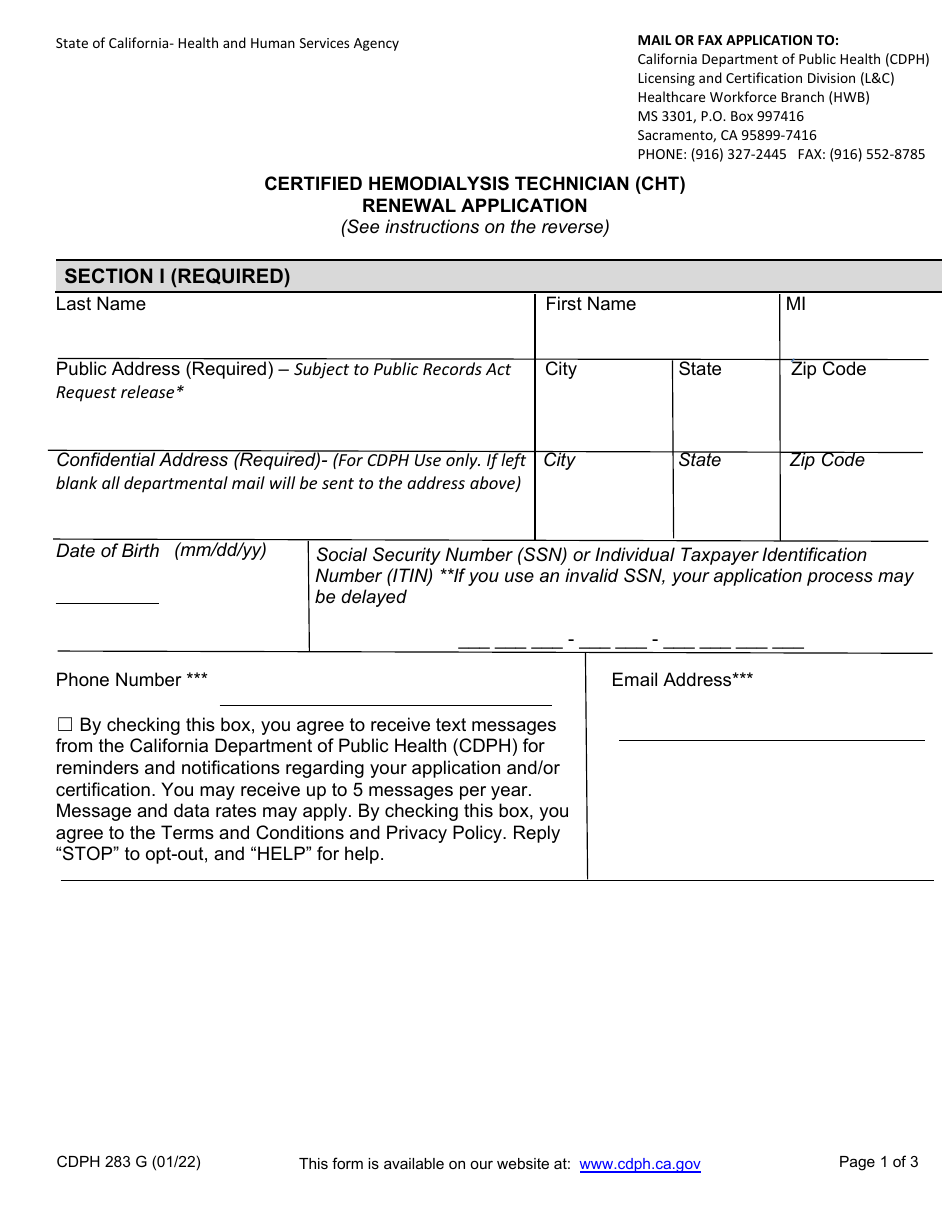 Form CDPH283 G Certified Hemodialysis Technician (Cht) Renewal Application - California, Page 1