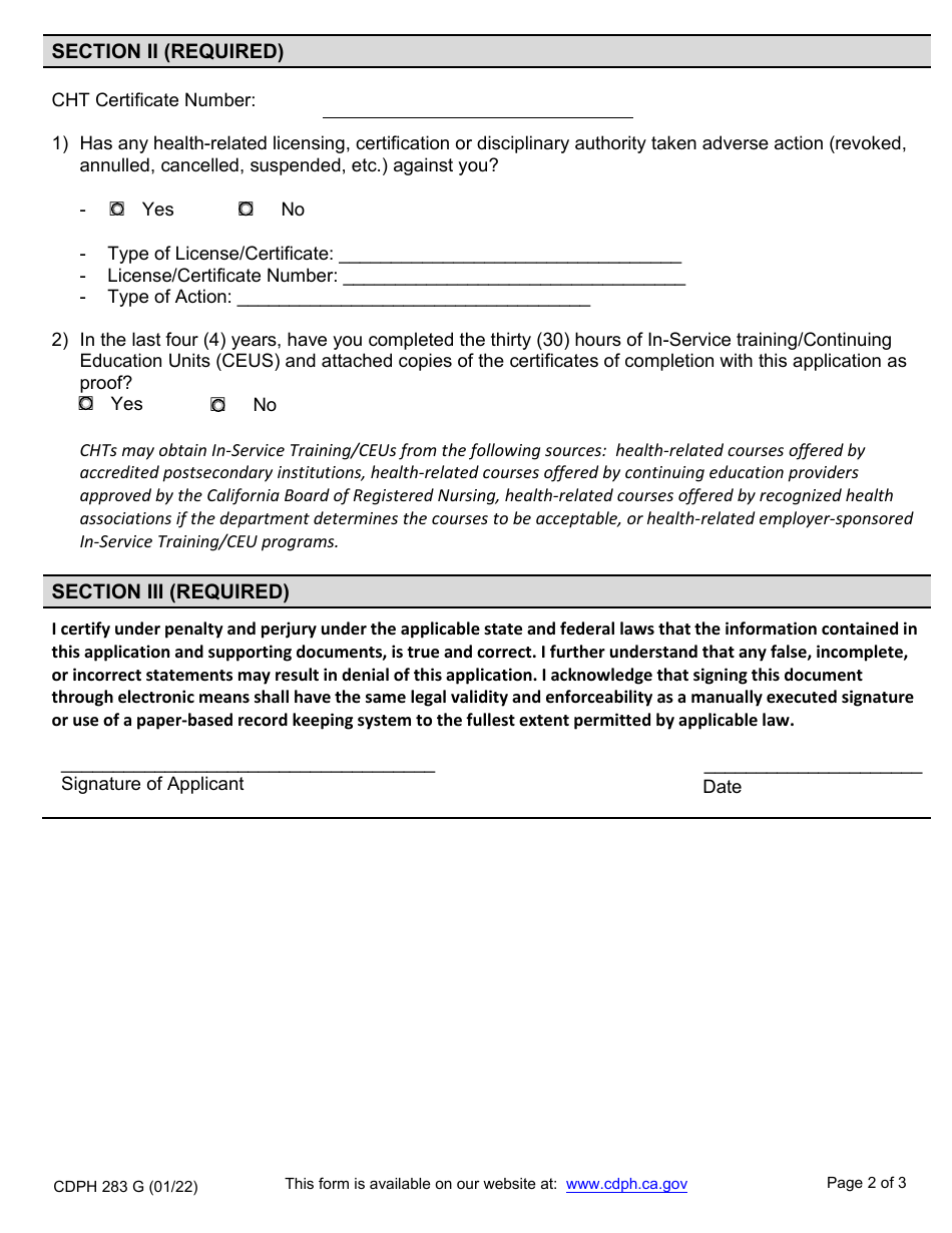 Form CDPH283 G Certified Hemodialysis Technician (Cht) Renewal Application - California, Page 2