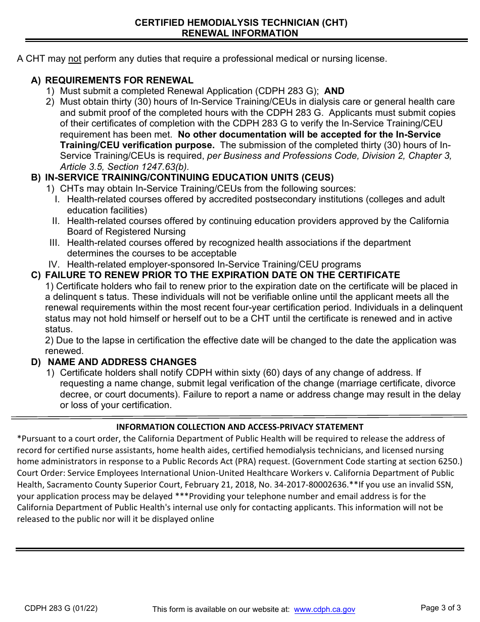Form CDPH283 G Certified Hemodialysis Technician (Cht) Renewal Application - California, Page 3