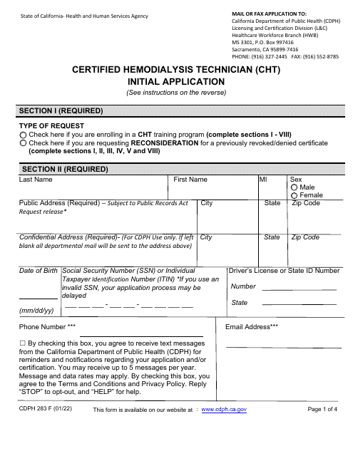 Form CDPH283 F  Printable Pdf