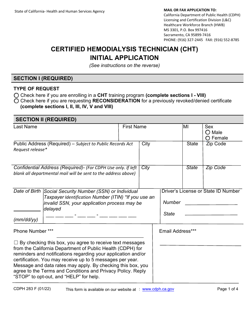 Form CDPH283 F Certified Hemodialysis Technician (Cht) Initial Application - California, Page 1