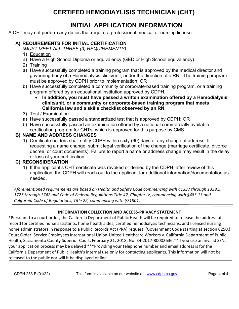 Form CDPH283 F Certified Hemodialysis Technician (Cht) Initial Application - California, Page 4