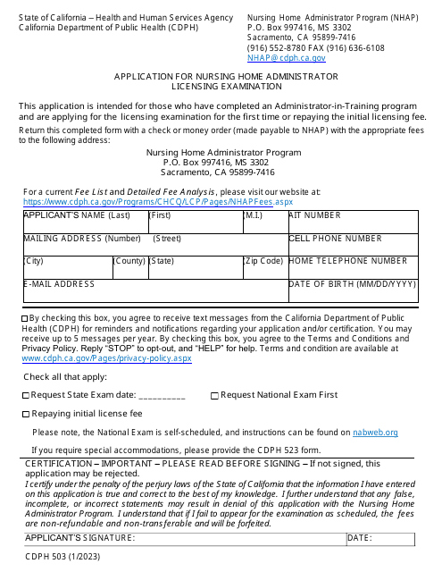 Form CDPH503 Application for Nursing Home Administrator State Examination - California