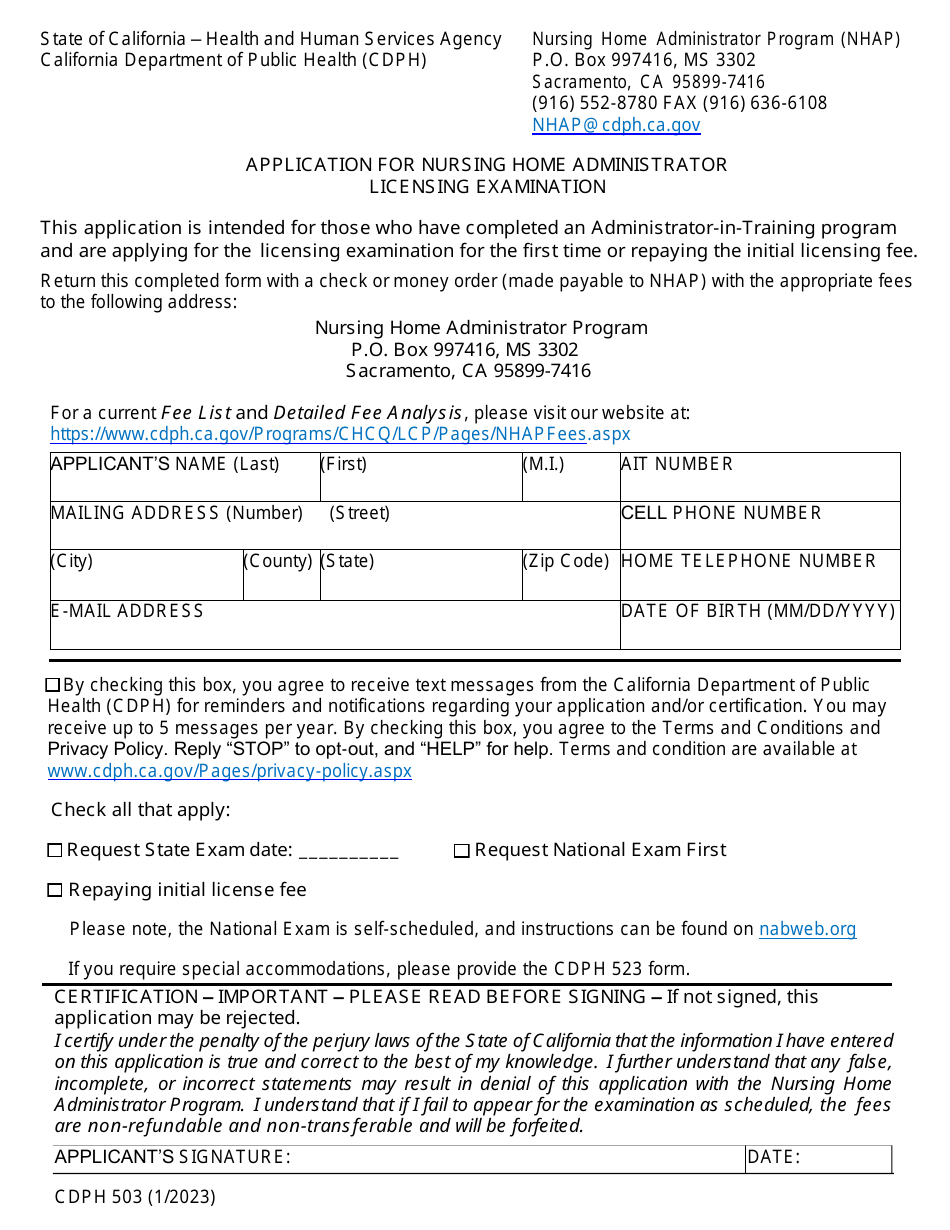 Form CDPH503 Application for Nursing Home Administrator State Examination - California, Page 1