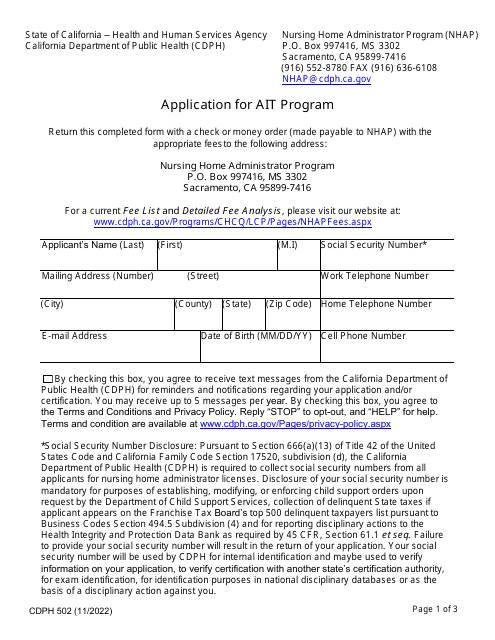 Form CDPH502 Application for Ait Program - California