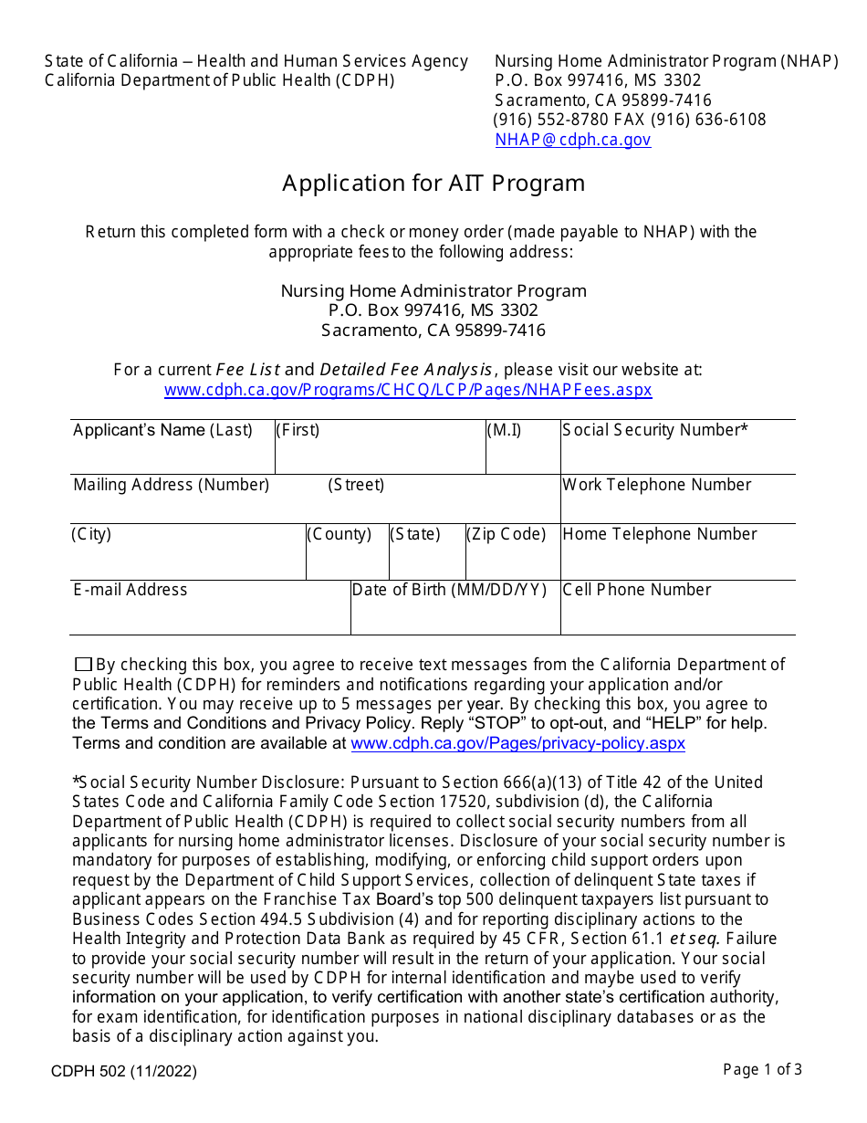 Form CDPH502 Download Fillable PDF or Fill Online Application for Ait