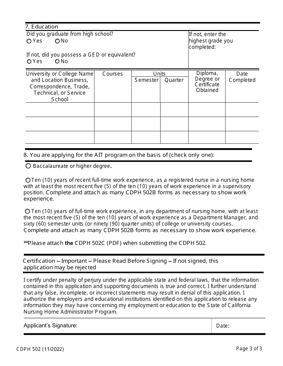 Form CDPH502 Application for Ait Program - California, Page 3